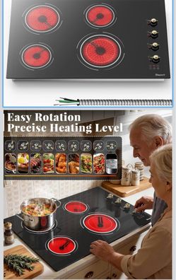 30 Inch Electric Cooktop, 6700W 240V Hard Wired, White Knob