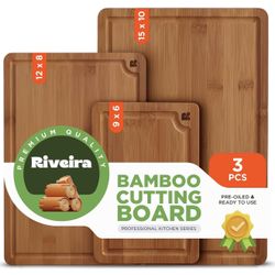 Riveira Brown Bamboo Wood Cutting Board – Versatile And Durable: Set Of 3 Pcs Rectangular Wooden Cutting Board – Natural Wooden Cutting Boards For Kit