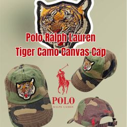 Polo Ralph Lauren Men's Camo Canvas Baseball Cap Tiger Patch, Limited Edition 