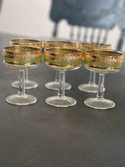 Set of 6 Vintage Gold and Green Band Coupe Glasses