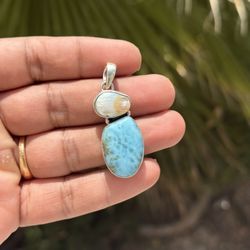 925 sterling silver Larimar Gemstone and pearl pendant 