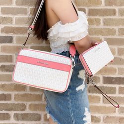 Michael Kors Kenly Large Pocket Crossbody Bag White MK Grapefruit Pink + Wallet