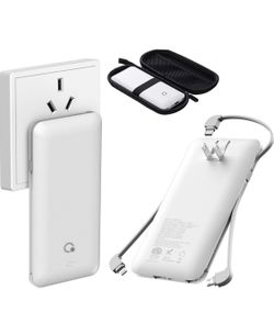 Portable Charger with Built-in Cables and AC Wall Plug,Slim USB C Power Bank 10000mAh,External Battery Pack Compatible with iPhone,Samsung