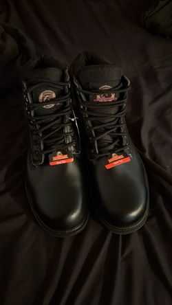 Size 12 These are Brahma Men's Gus Steel Toe 6" Work Boots, featuring a durable black leather upper with protective metal hardware