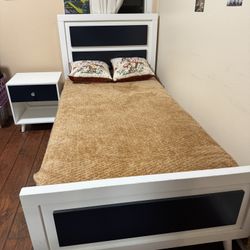 White Twin Bed And Side Table