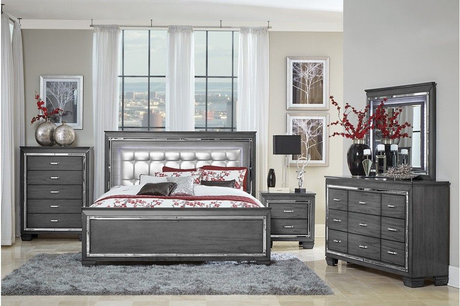 Brand New Gray LED Kkng Bedframe + Dreaser + Mirror + Nighstand 4PCs