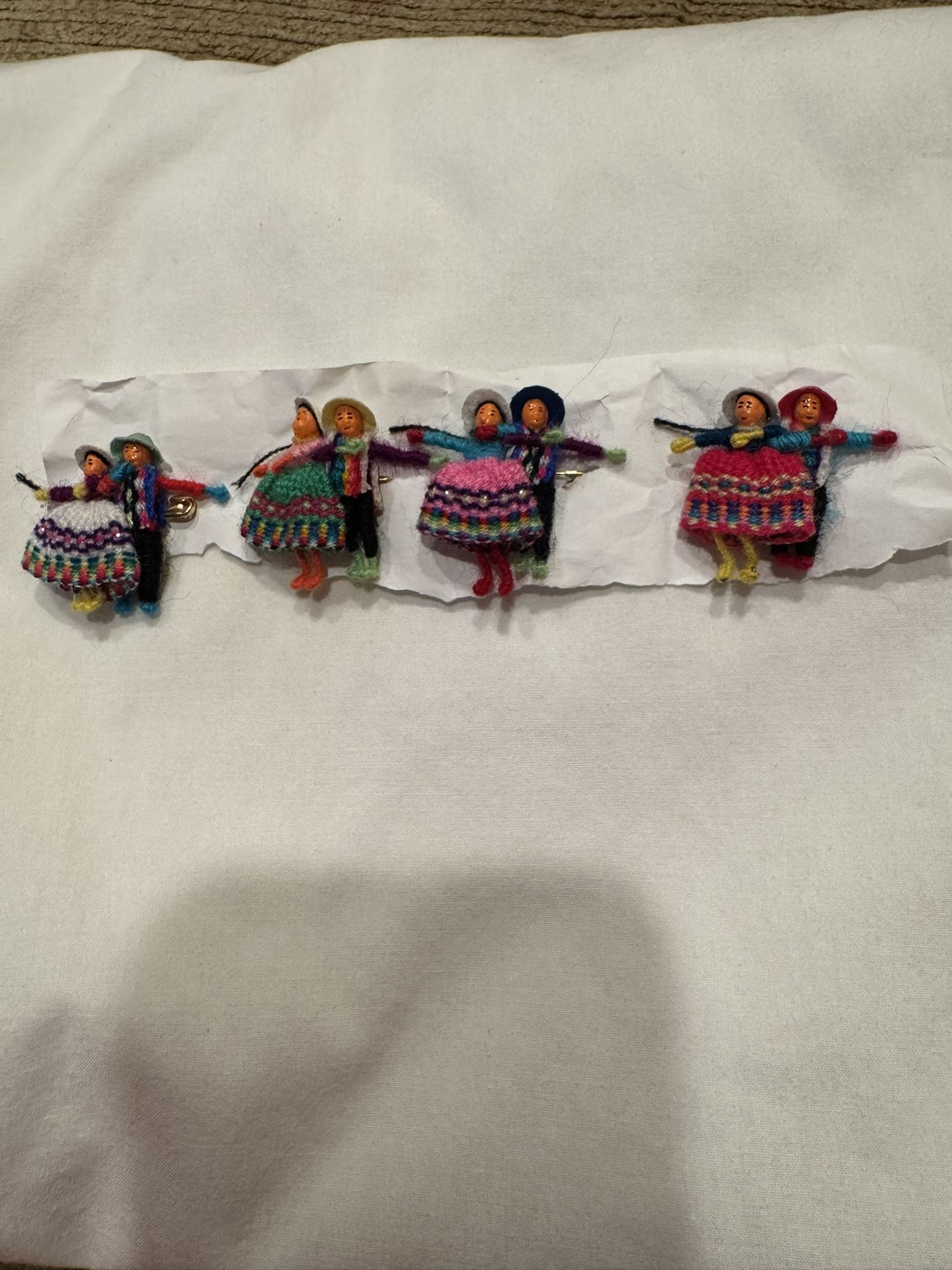 Lot of 4 Miniature knitted Pin Worry Dolls Peruvian Inca traditional handcrafted pins.