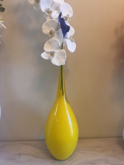 Yellow Glass Teardrop Vase w/ Faux Orchid Stems
