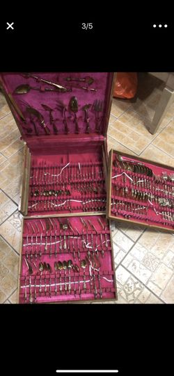 Thai Vintage gold wash flatware set with wood case
