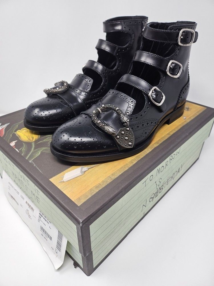 Gucci 7 40.5 Spirit Black Oxford Derby Western Embellished Buckle Belt Boots IT