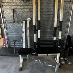 York Barbell weight rack with pull up bar. Includes bench and some weights