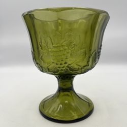 Vintage 1970s Avocado Green Glass Compote Candy Dish Footed Vase Grapes Vines