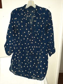 LOVE CULTURE! See-Through Polkadots Navy Blue & Beige Blouse or Tunic V-Neck 3 Button Front, Chest Pocket. 3/4 Sleeves or Long. Side Medium
