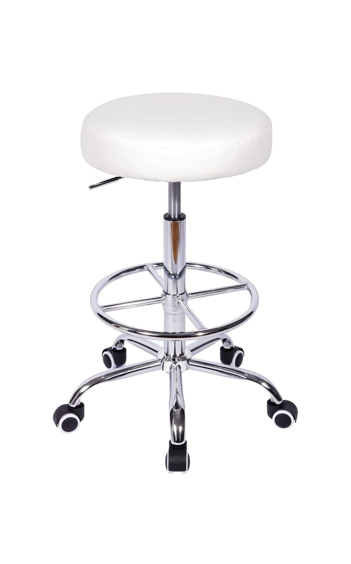 Round Rolling Stool with Footrest and Wheels, Easy Assembly PU Leather Height Adjustable Drafting Swivel Chair for Spa Salon, Office, Medical, Beauty,