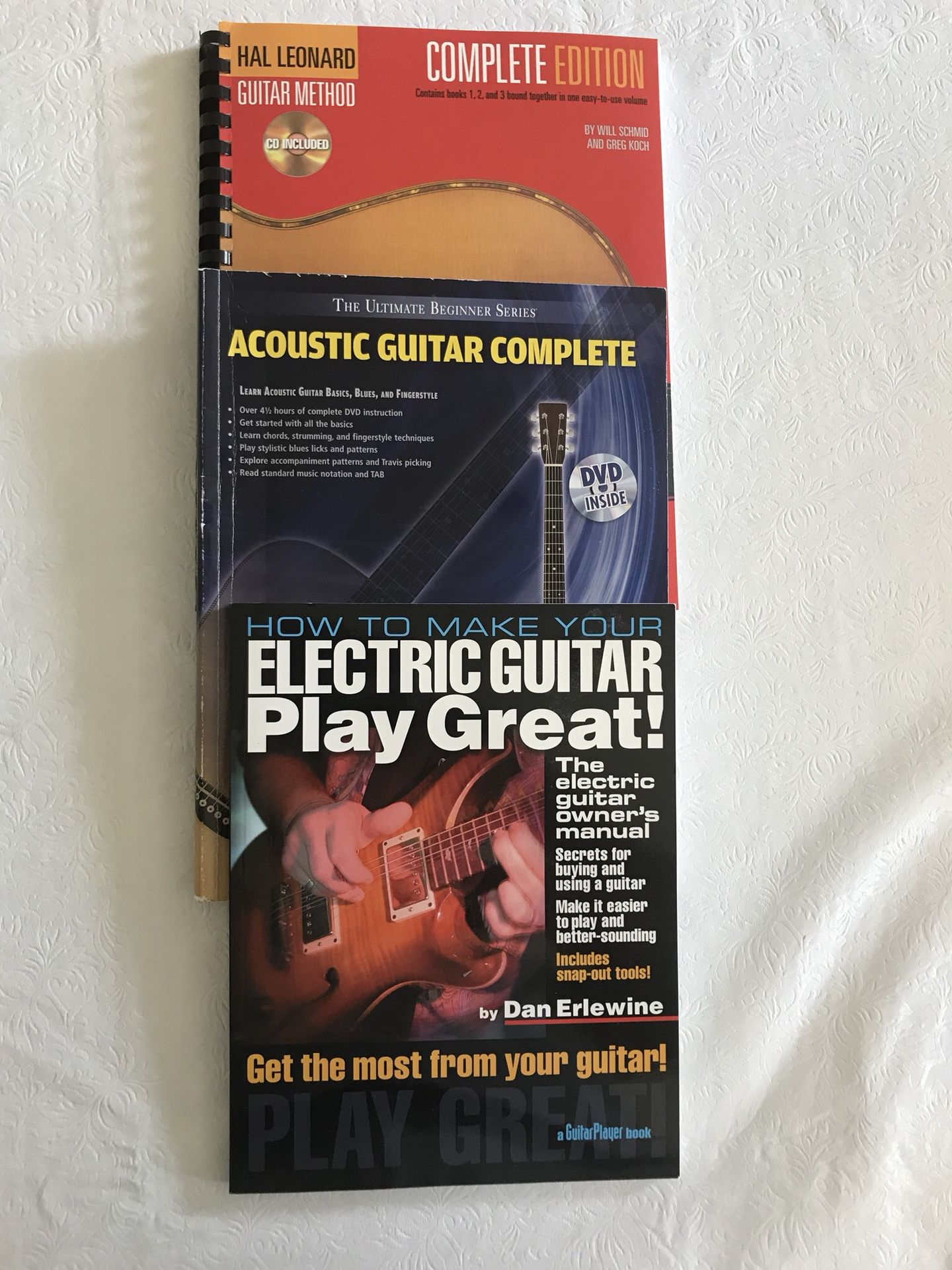 Guitar books, 3 total: Hal Leonard’s Guitar Method complete Edition, Acoustic Guitar Complete,How to Make Your Electric Guitar Play Great