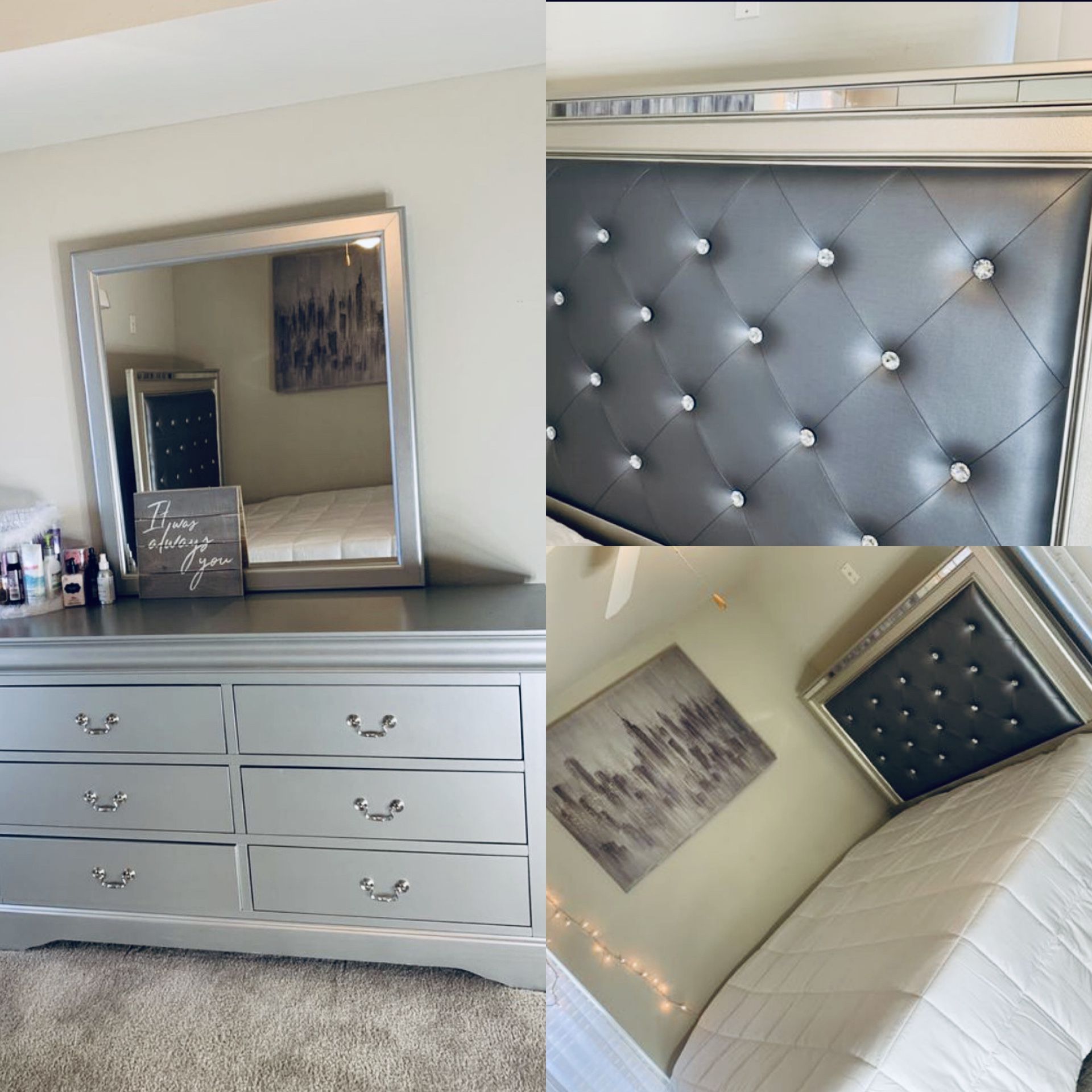 Contemporary Silver Dresser with Matching Bed Set