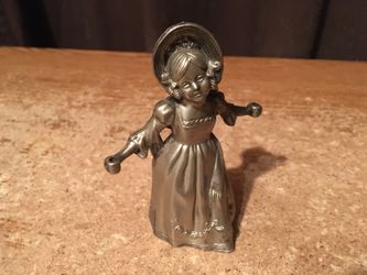 Vintage 1800s pewter candle snuffer Victorian girl in bonnet 4 inches
