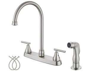 2 Handle Kitchen Faucets Deck Mounted 3 Hole 8 Inch RV Kitchen Sink Faucet High Arc 360° Rotating Spout Mixer Tap, Brushed Nickel, with Side Sprayer