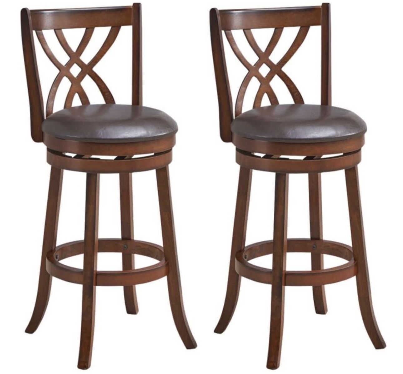 COSTWAY Set of 2 Bar Stools, 360° Swivel Chairs with Rubber Wood Frame, 30 Inch PU Leather Padded Seat and Footrest, for Kitchen Island, Dining Room,