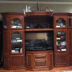 Entertainment Center Wall Unit Beautiful Cherry Wood Color Great Condition 