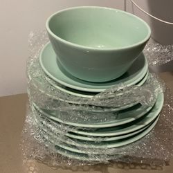 Plates and Bowl - Teal Ceramic Style (11 Piece)