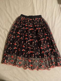Black Floral Embroidered Tulle Midi Skirt