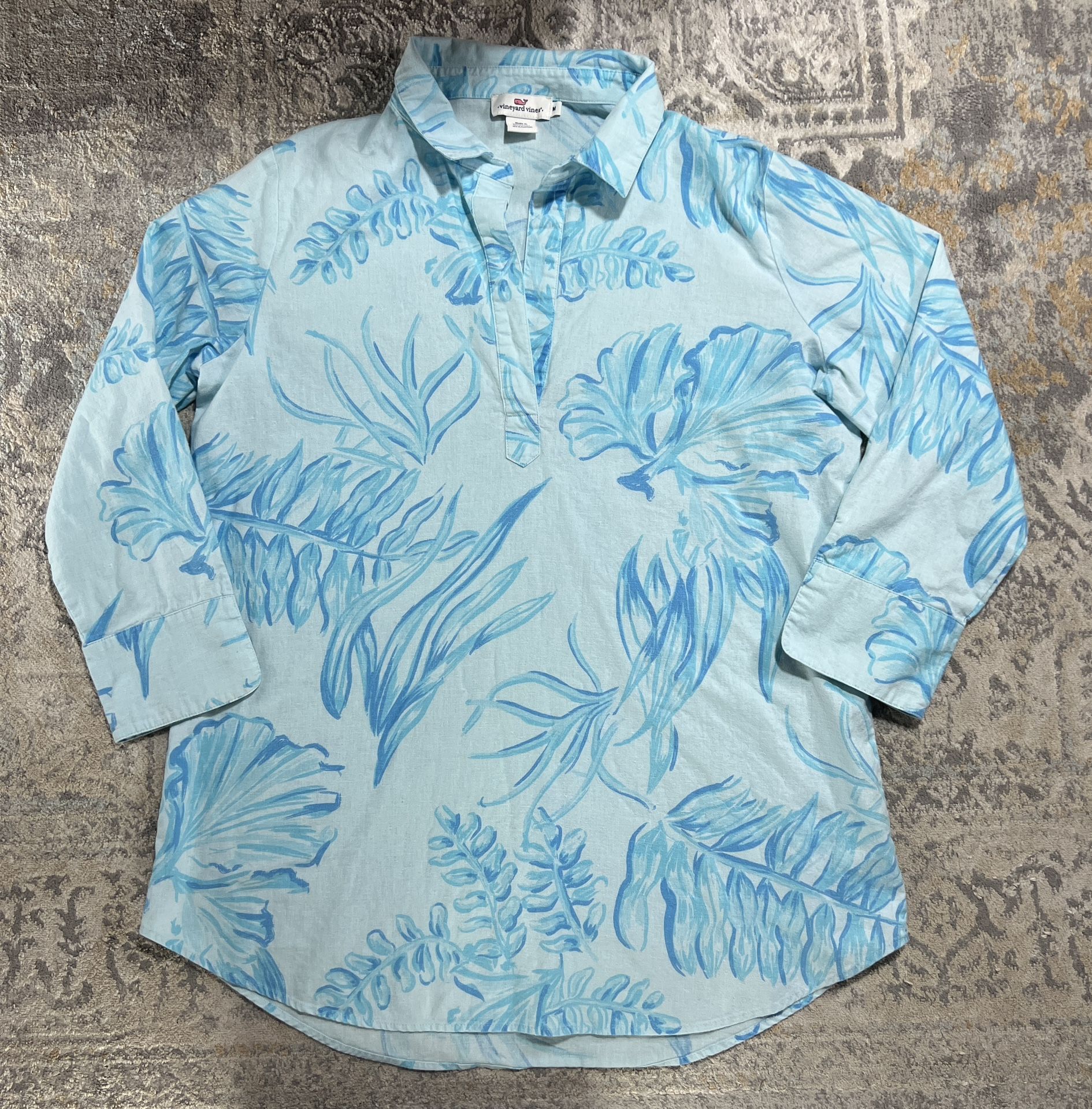 Vineyard Vines Shirt Womens Size M Blue Tropical Linen Blend Tunic