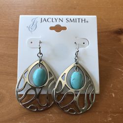Jaclyn Smith Silvertone Dangle Earrings With Turquoise Color Stone - NEW