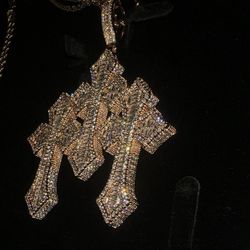 18 k Gold Plated Rose-gold Triple Cross Pendant & Rope Chain 