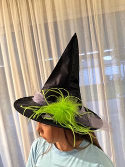 Black Witch Hat with Green Feather Trim