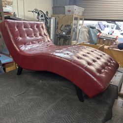 Burgundy Tufted Leather Chaise Lounge / Modern Curved Daybed