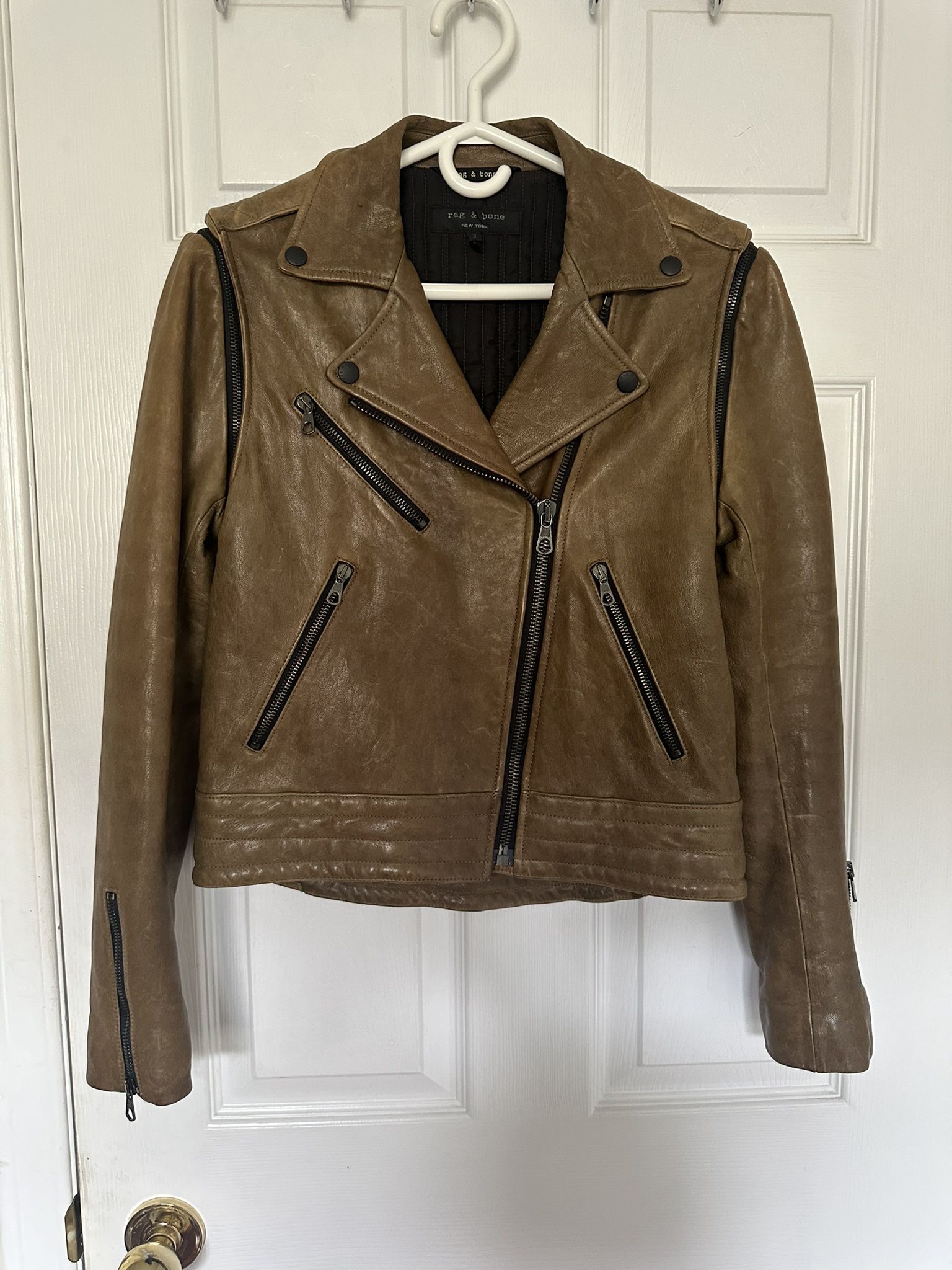 Rag & Bone Distressed Brown Lamb Leather Biker Jacket Turns into a Vest Size 2