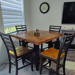 Pub Style High Table With Lazy Susan And 4 Chairs In Set