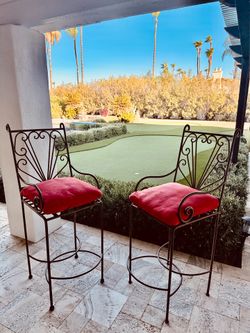 Pair of Heavy Wrought Iron 30” Bar Stools with Ultrasuede Cushions
