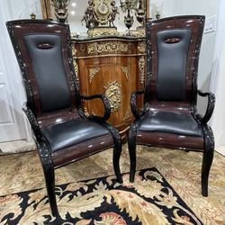 A Pair of Stunning Vintage Leather - Lacquer Solid Wood Chairs $200 Each🌷