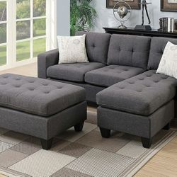 Brand New Dark Blue Grey  Reversible Sectional Sofa With Ottoman 