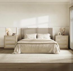 Nightstand Set of 2, 26.8" Wide Large Rattan Nightstands with 3 Drawers, Oversized Boho Bedside Tables with Rounded Edges & Push-Close Storage, Sand O