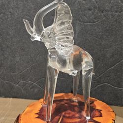 Hand Blown Glass Elephant Figurine on Cypress Wood Base 7 In. height 