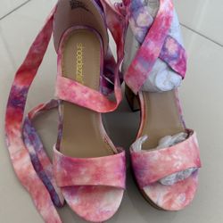 ShoeDazzle Tie-Dye Wraparound Cork Block Heels – Bold & Stylish | Perfect for Holidays, Photoshoots & Events