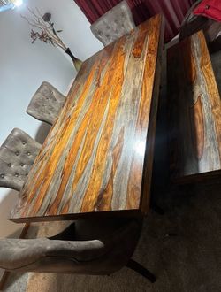 Dining table, 4 upholstered chairs, 1 dining bench