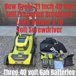 New Ryobi 21 Inch Self Propelled Cordless 40 Volt Brushless Lawn Mower  & Mulcher Three 6ah Battery & Charger 18 Volt Screwdriver, Battery, & Charge