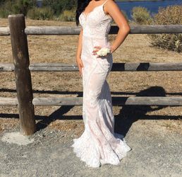 Women's white/ blush pink lace jovani prom dress