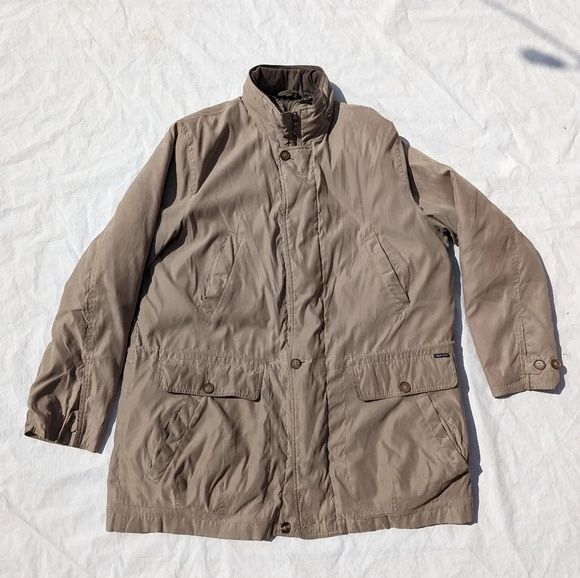 London Fog Men's Jacket XL Button Lining Beige Green - All Season - Zipped Hood