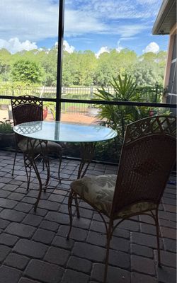 3-Piece Patio Bistro Set – Glass Top Table & 2 Cushioned Wicker Armchairs