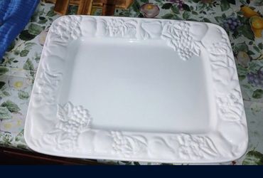 Vintage White Rectangular Embossed  Ceramic Serving Platter