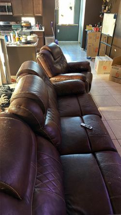 Brown Leather Reclining Sofa and Chair Set