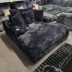 Oversize Chaise Black Corduroy Fabric 2 Cup Holder & USB $449