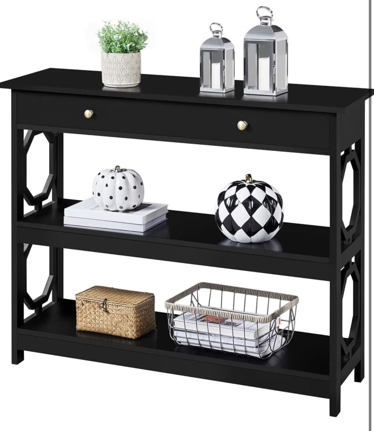 3-Tier Console Table with Drawer and Storage Shelves, 39" Sofa Table Wood Entryway Table for Living Room/Entryway/Hallway/Corridor, Black,Geometric Si