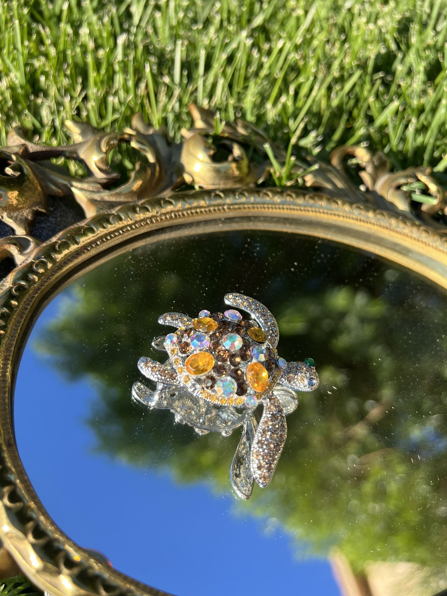 Vintage Silver Turtle Brooch – Amber & AB Crystals