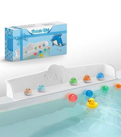 3FT Dolphin Pattern Bathtub Splash Guard Play Shelf for the Wide &Straight Bathtub Edge Toy Tray Caddy Holder Storage Suction Cups Attach to Bath Tub 